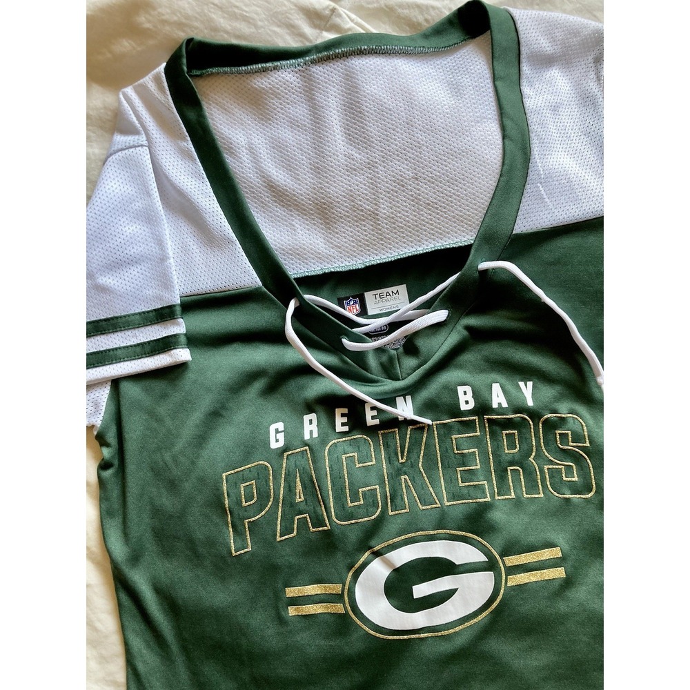 NWOT Green Bay Packers NFL Team Apparel Womens M Fitted Poly Jersey Gold Glitter